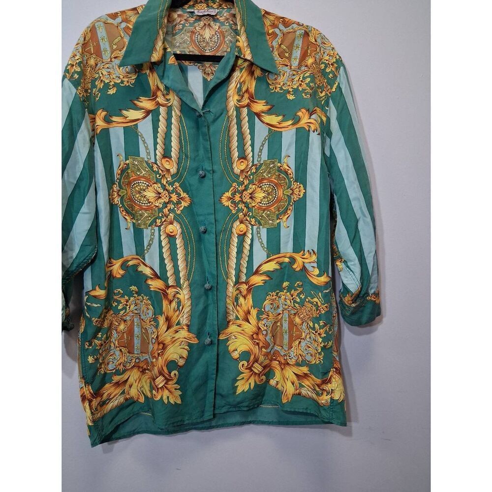 Vintage renato nucci womens medium 100% silk blouse equestrian green whimsical - Picture 6 of 8